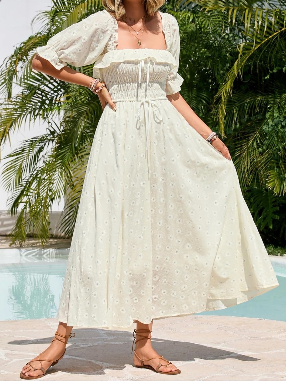 Vivimos Women's Summer Subtle Daisy Cotton Ruffled A Line Flowy Long Dress